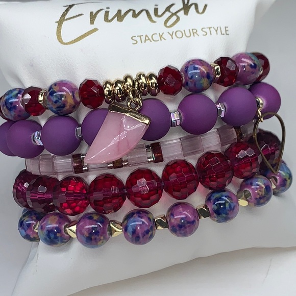 EUC Erimish Purple Me Stack 5 stretch bracelets- 2 charms magenta blue swirlbead - Picture 3 of 9